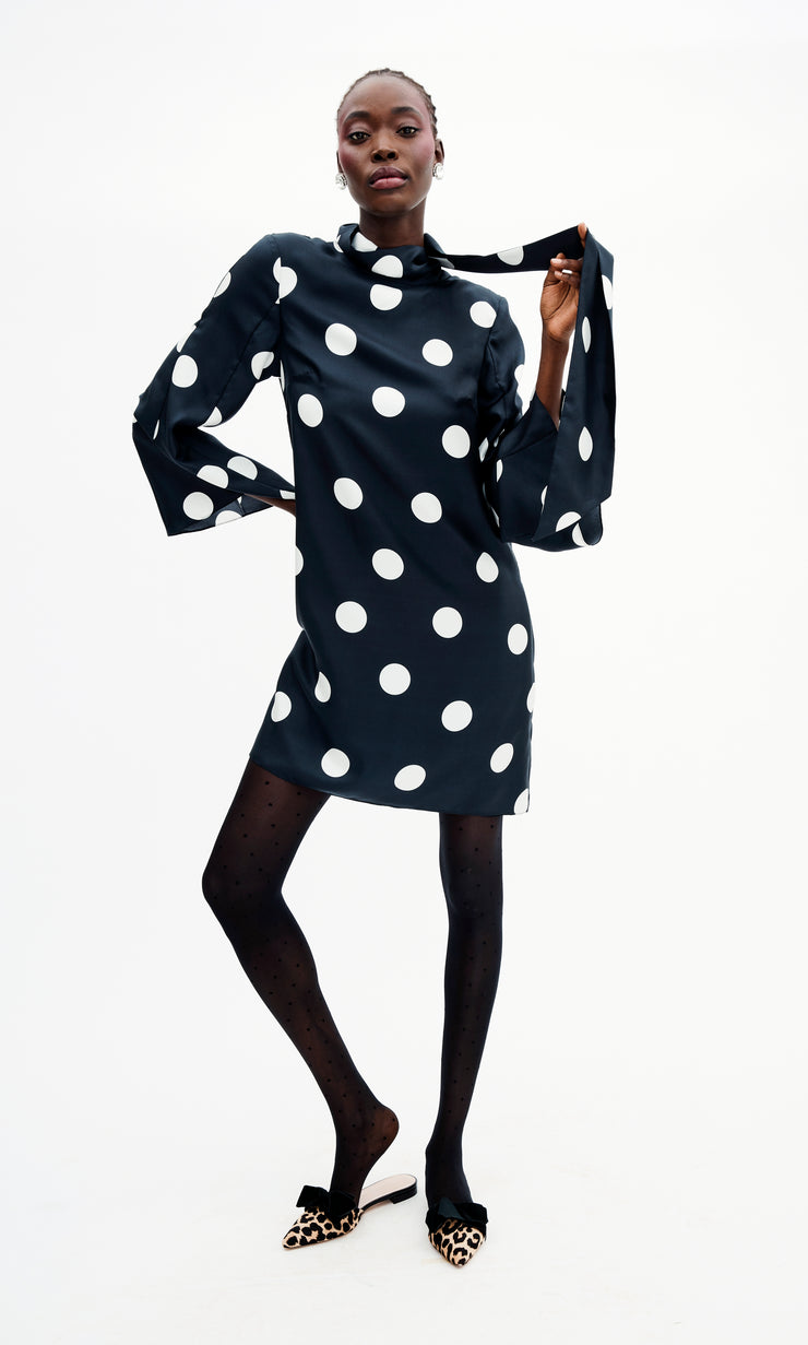 talia dress in jumbo dancing dot silk twill