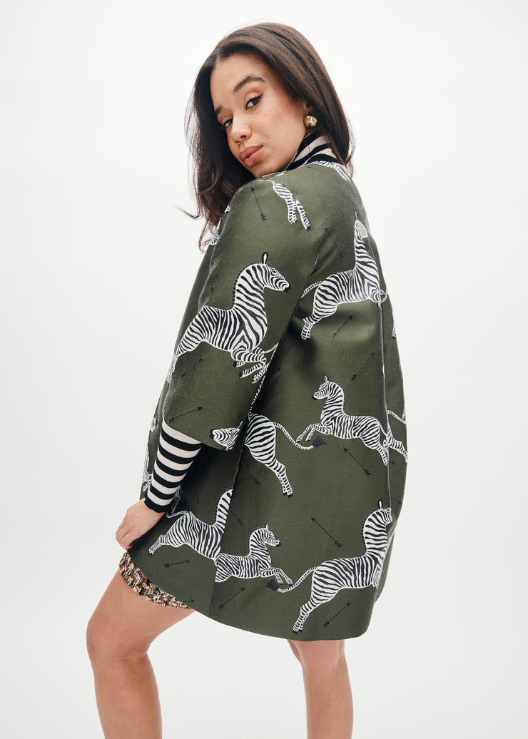 mae x scalamandre audrey coat in olive jumping zebras