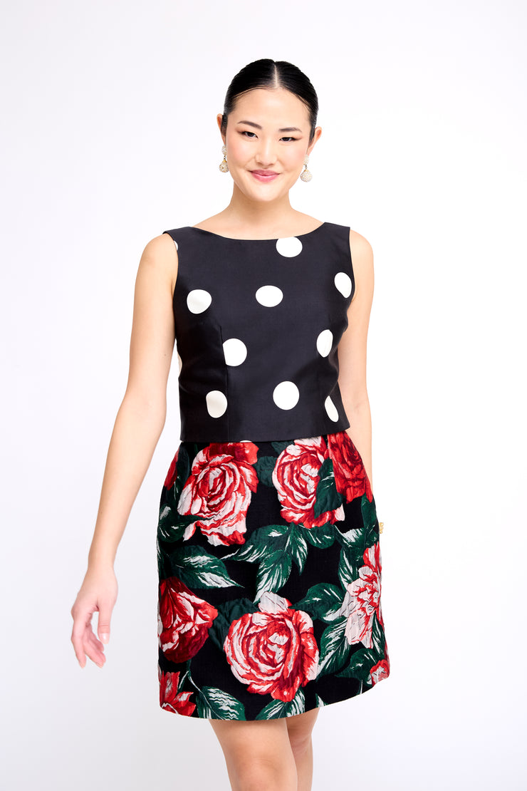 mae x val clara skirt in textured rose jacquard