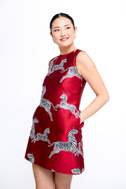 mae x scalamandre laurel dress in cherry jumping zebras