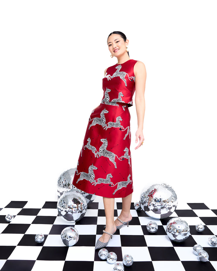 mae x scalamandre hallie skirt in cherry jumping zebras