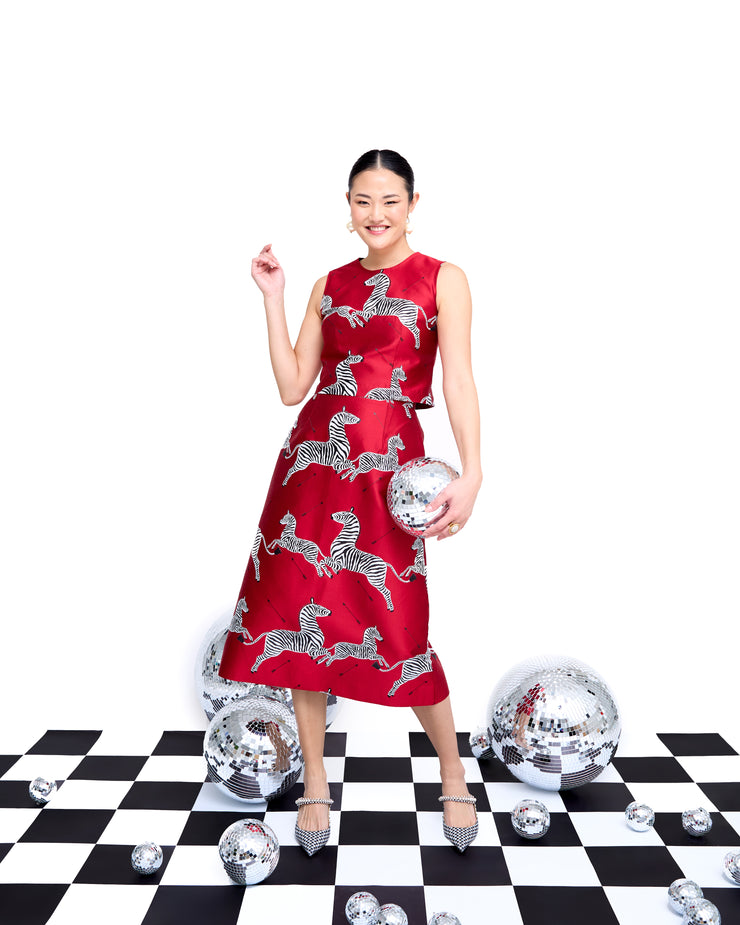 mae x scalamandre hallie skirt in cherry jumping zebras