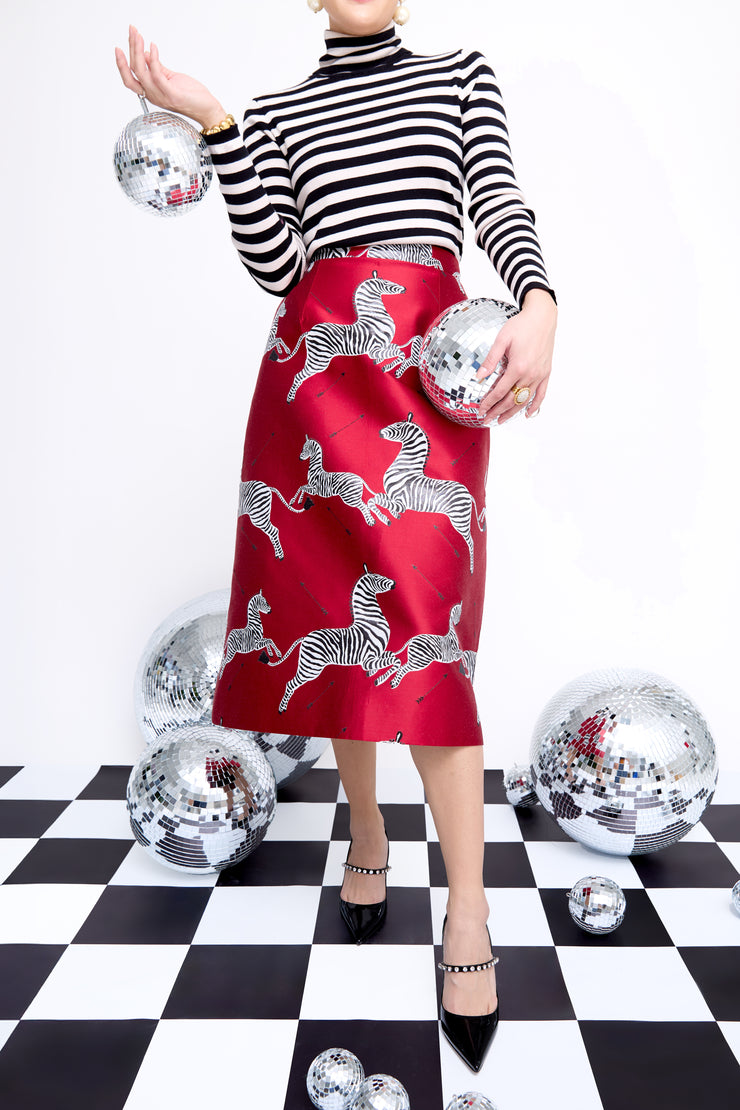 mae x scalamandre hallie skirt in cherry jumping zebras