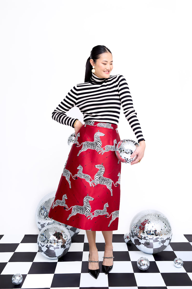 mae x scalamandre hallie skirt in cherry jumping zebras