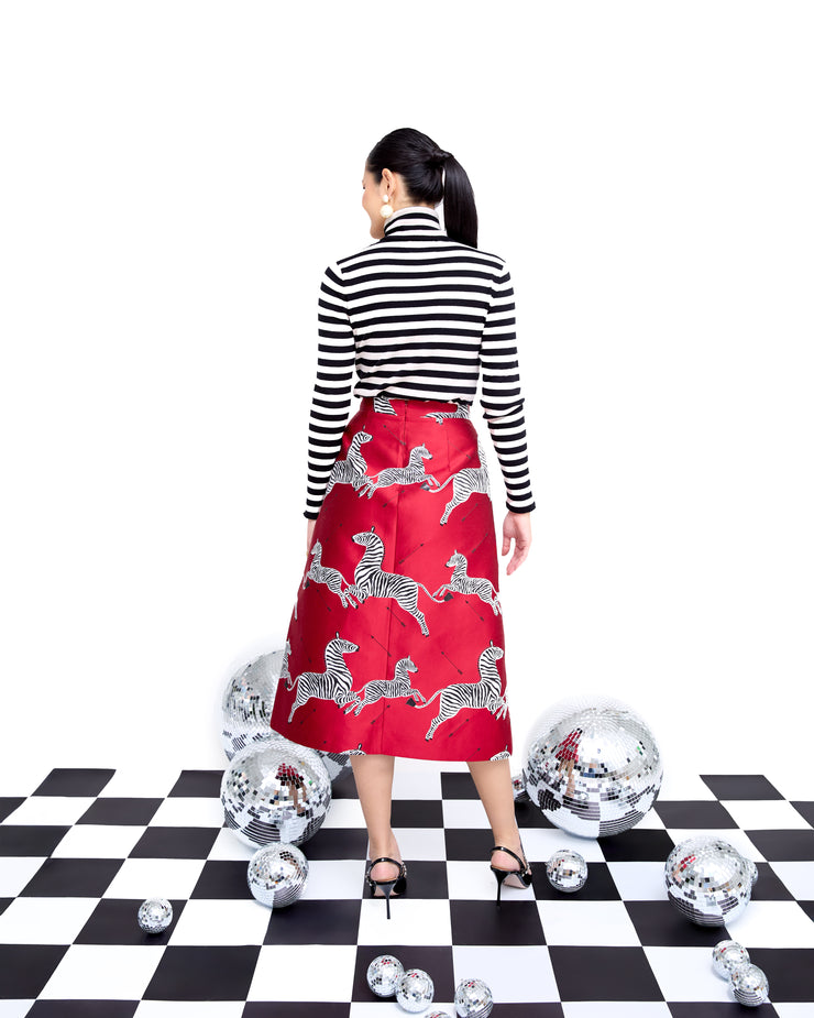 mae x scalamandre hallie skirt in cherry jumping zebras