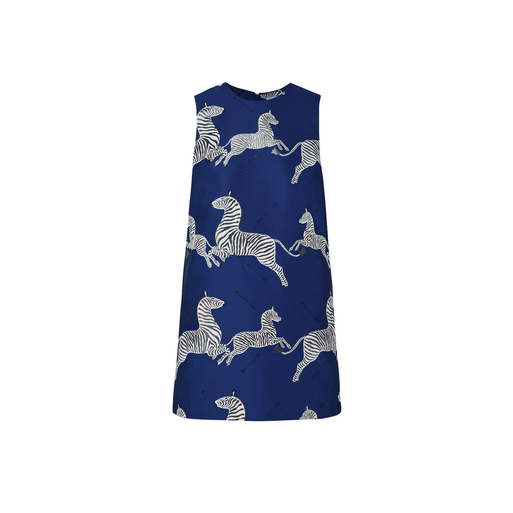 x scalamandré laurel dress sapphire jumping zebras