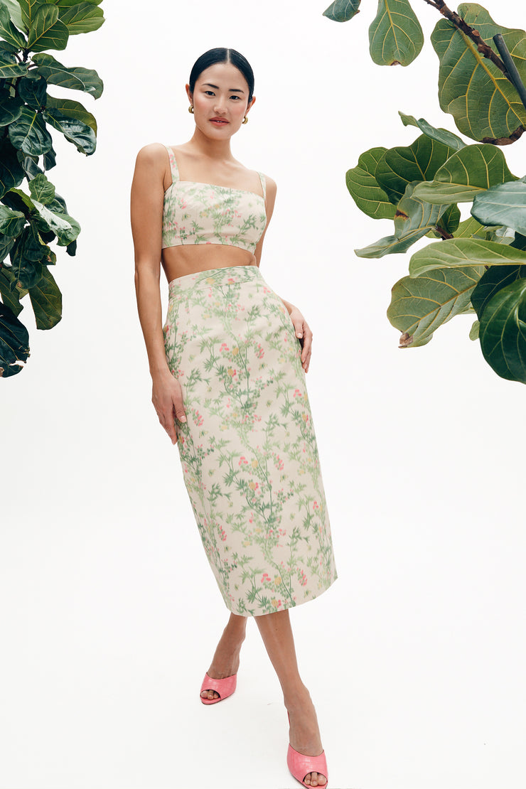 mae x scalamandre sienna skirt in jardin de chine